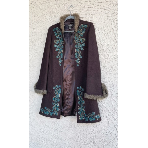 VINTAGE MANGO Y2K 70s Brown & Blue Floral Embroidered Penny Lane Wool Coat XS - Picture 11 of 11